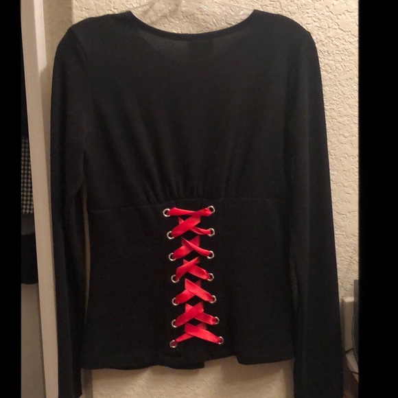 New Black Buttondown Sweater with Red Lace/buttons - Picture 4 of 8